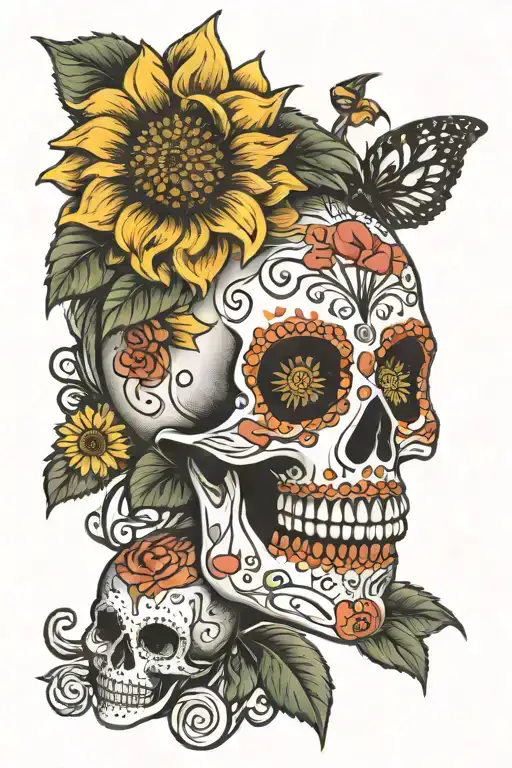 sugar skull, sunflower, Alice in wonderland, roses, Tim Burton, Halloween,  tattoo design idea