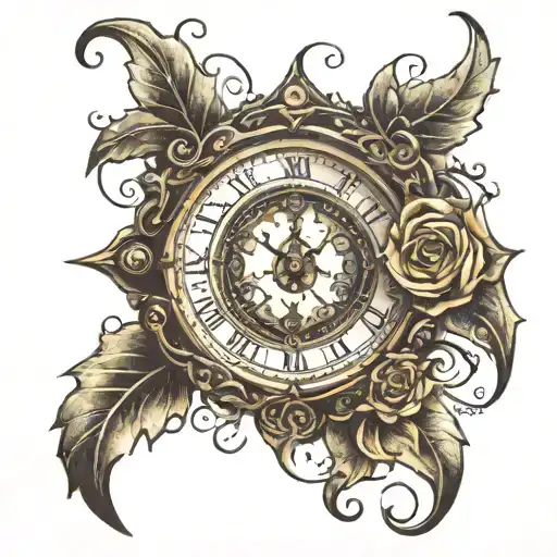 clock with fillagree and eye inside tattoo design idea