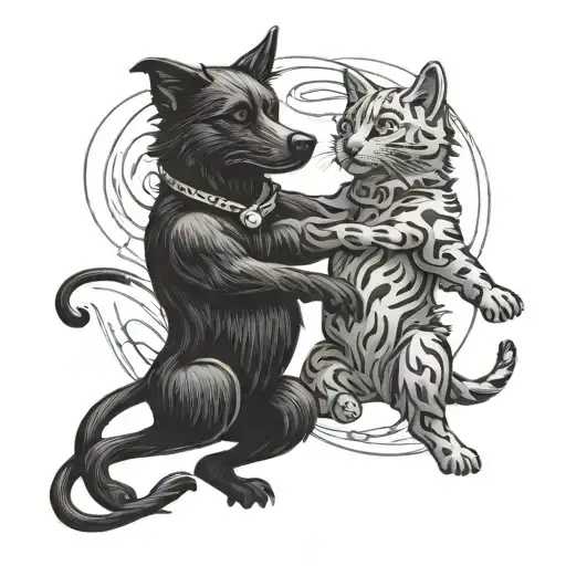 A black dog and a cat dancing together in a west coast swing pose tattoo design idea