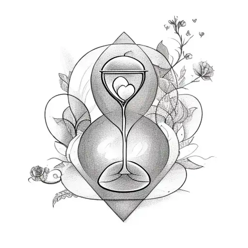 an hourglass with flowers around the frame of it , in the hourglass on one side a heart and on the other side a brain tattoo design idea