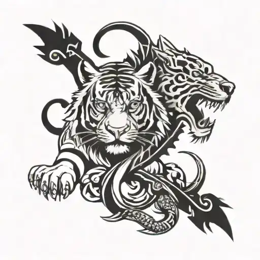 Create a minimalist tattoo of a tiger and dragon holding hands with an autism awareness ribbon entwined between them, representing your family's support and unity tattoo design idea