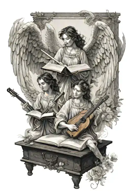 three heaven angels with wings, one holding an instrument, one holding a art pallet, one holding a poetry book tattoo design idea