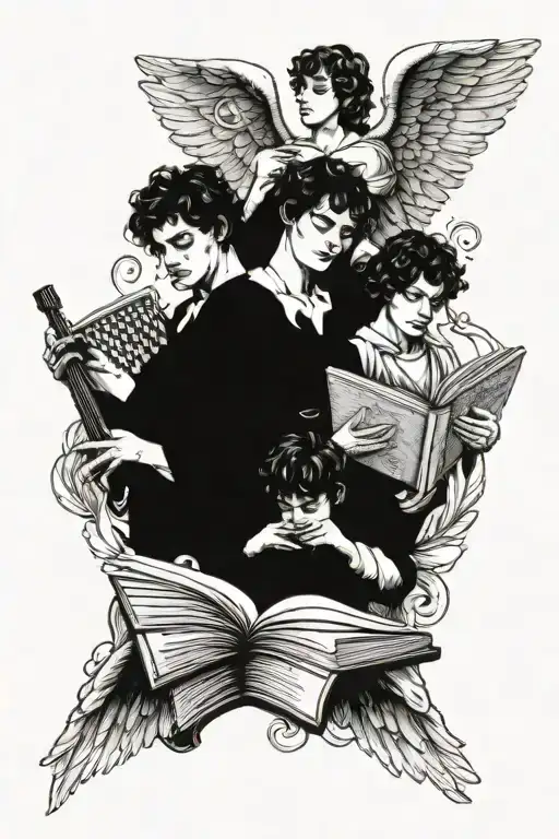 three male angels with wings, one holding an instrument, one holding a art pallet, one holding a poetry book tattoo design idea