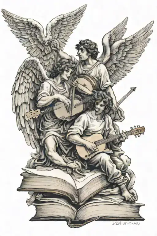 3 male heaven angels with wings, one holding an instrument, one holding a art pallet, one holding a poetry book tattoo design idea