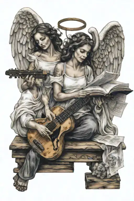 3 angels, one holding an instrument, one holding a paint pallet, one holding a poetry book tattoo design idea