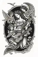 three heaven angels with wings, one holding an instrument, one holding a art pallet, one holding a poetry book tattoo design idea