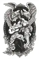 three heaven angels with wings, one holding an instrument, one holding a art pallet, one holding a poetry book tattoo design idea