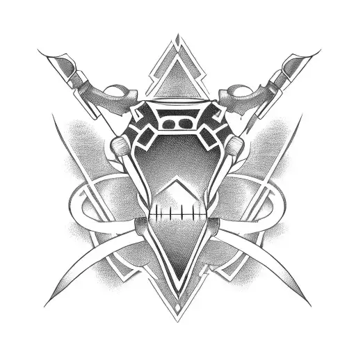 A blackwork tattoo of a guitar with moto GP symbols as fret markers tattoo design idea