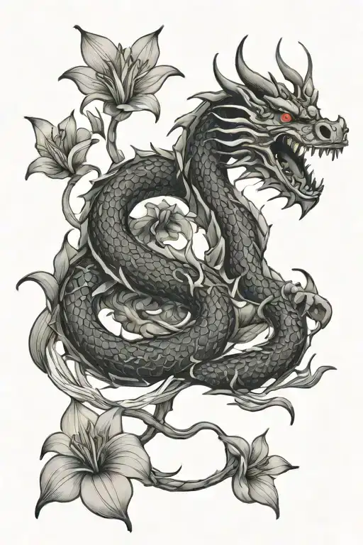 dragon coiled on lily flower tattoo design idea