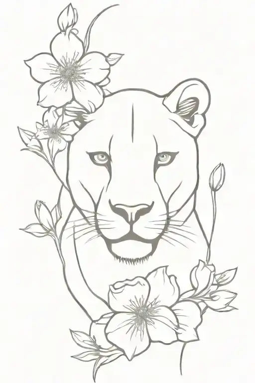 lioness, blue eyes, flowers blooming cherry blossom tattoo design idea