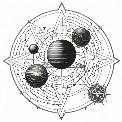 An intricate tattoo merging Islamic geometric patterns with images of planets and stars tattoo design idea