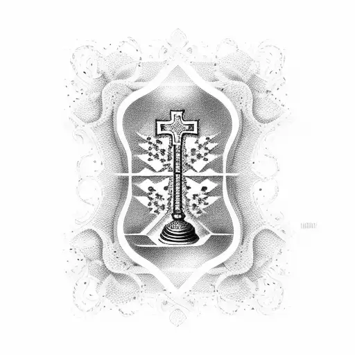 An intricate dotwork pattern incorporating piano keys and a small cross tattoo design idea