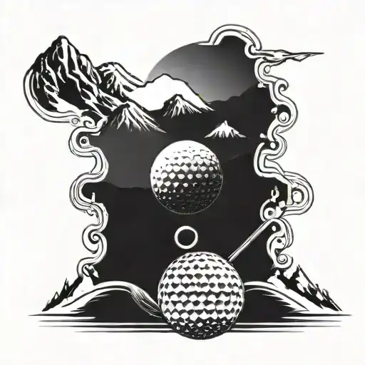 A golf ball morphing into a snowboard with mountains in the background tattoo design idea