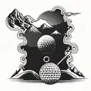 A golf ball morphing into a snowboard with mountains in the background tattoo design idea