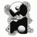 A golf ball morphing into a snowboard with mountains in the background tattoo design idea
