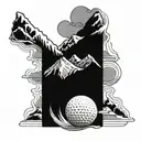 A golf ball morphing into a snowboard with mountains in the background tattoo design idea