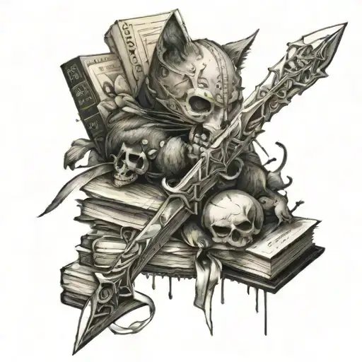 A witcher sword piercing through a pile of books, with cat and skull motifs scattered around tattoo design idea