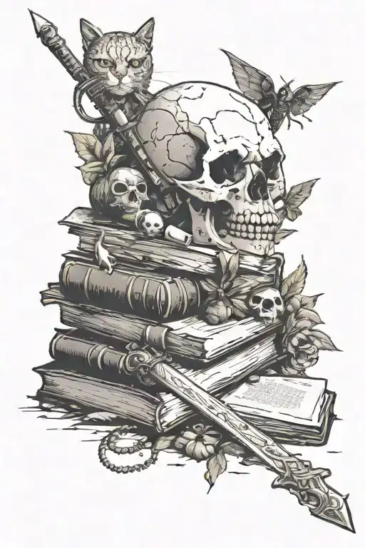 A witcher sword piercing through a pile of books, with cat and skull motifs scattered around tattoo design idea