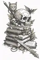A witcher sword piercing through a pile of books, with cat and skull motifs scattered around tattoo design idea