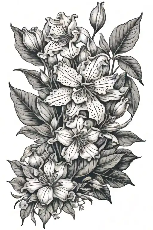 mountain laurel, iris and a poppy flower bouquet tattoo design idea