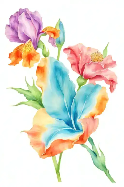 iris, mountain laurel, and a poppy flower tattoo design idea