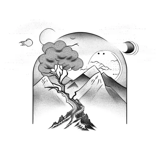 mountain with a tree with a scorpio and a libra with a water horse and 3 chinese lanterns  tattoo design idea