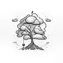 mountain with a tree on it with a scorpio and a libra with a water horse and 3 chinese lanterns  tattoo design idea