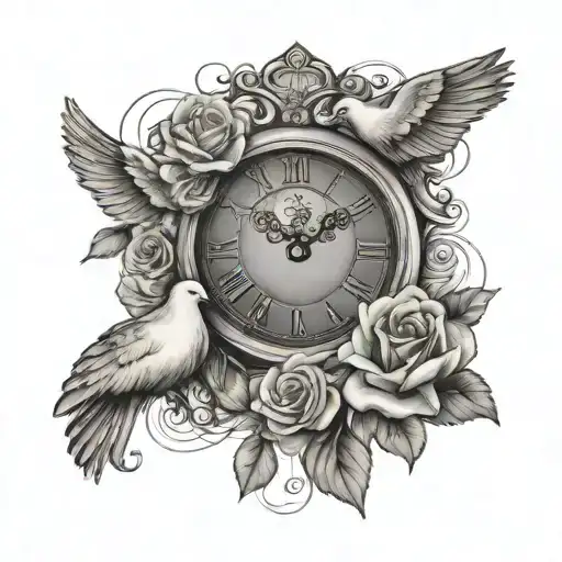 cross, clock, roses, dove, clouds  tattoo design idea