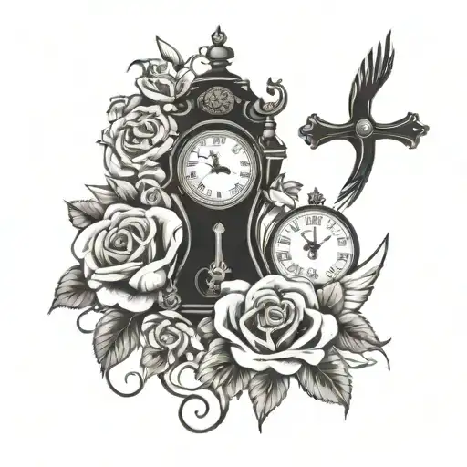 cross, clock, roses, dove, clouds  tattoo design idea