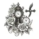 cross, clock, roses, dove, clouds  tattoo design idea