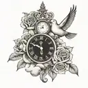cross, clock, roses, dove, clouds  tattoo design idea
