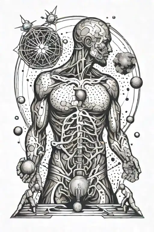 A standing man opening his chest like a shirt, and underneath there are atom bombs tattoo design idea
