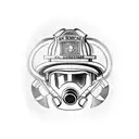 American Firefighter helmet with a gasmaske an crossed Axt and a hooligantool  tattoo design idea
