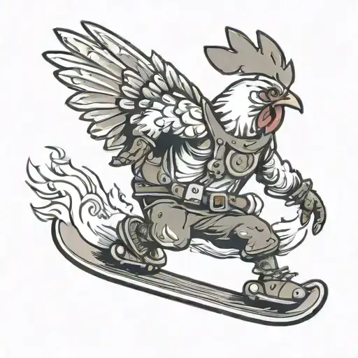 chicken headed human riding a snowboard  tattoo design idea