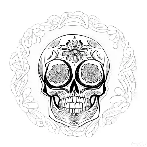 A mesmerizing skull surrounded by delicate lace patterns tattoo design idea