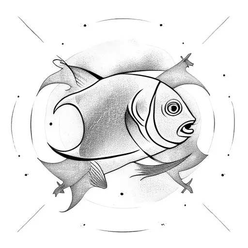 A mystical Pisces fish swimming towards a radiant sun tattoo design idea