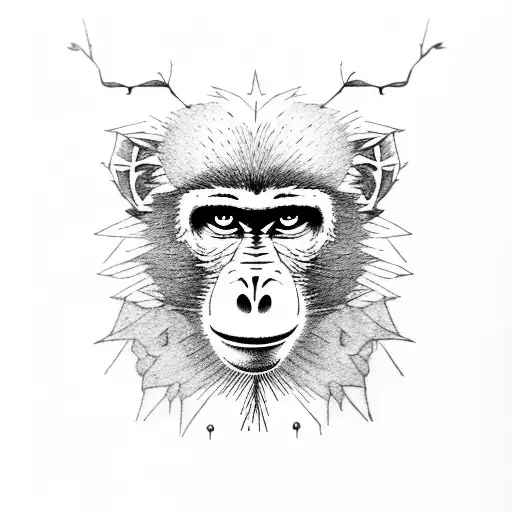 A baboon swinging from tree to tree in a jungle setting, with intricate dotwork details tattoo design idea