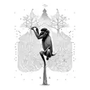 A baboon swinging from tree to tree in a jungle setting, with intricate dotwork details tattoo design idea