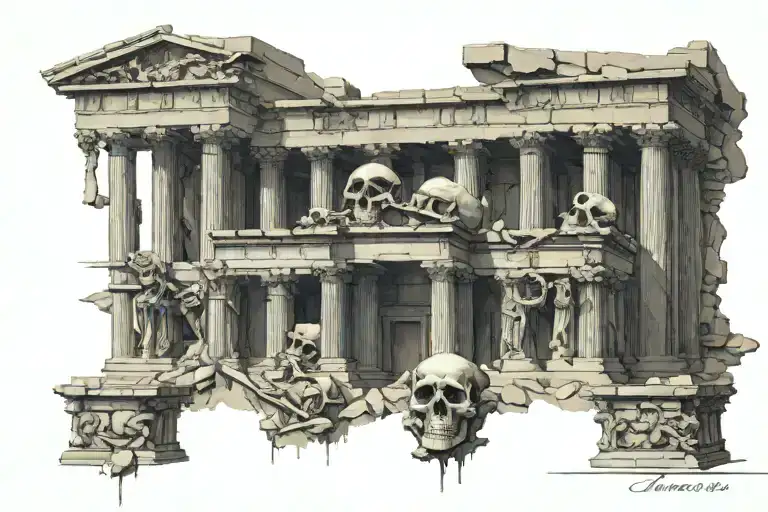 greek temple and skulls representing dark periods tattoo design idea
