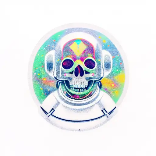 portrait, astronaut, cosmic colors, skull reflection tattoo design idea