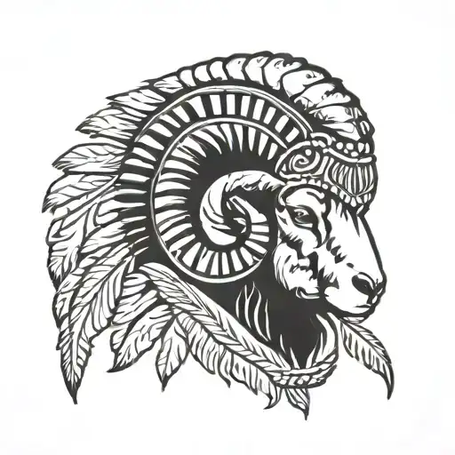 Ram with a native american headband with feathers tattoo design idea