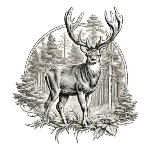 whitetail deer in the woods surrounded tattoo design idea