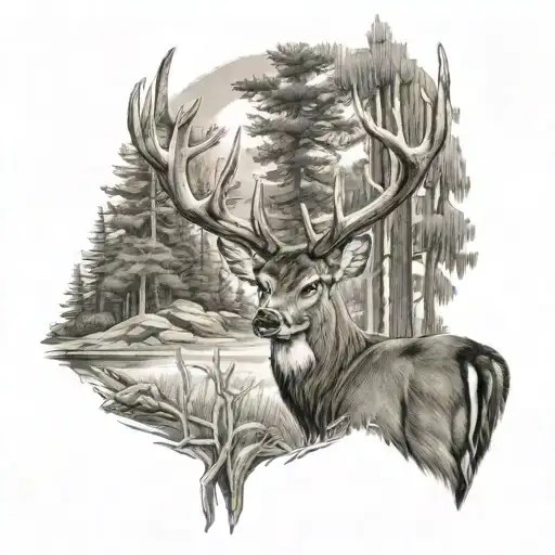 whitetail deer in the woods surrounded tattoo design idea