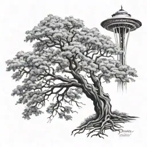 southern live oak tree with four names on the tree and the space needle and st. louis arch under the roots  tattoo design idea