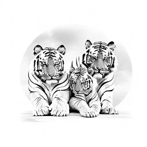 A majestic tiger mom with two adorable cubs lying at her feet as the watchful tiger stands guard tattoo design idea