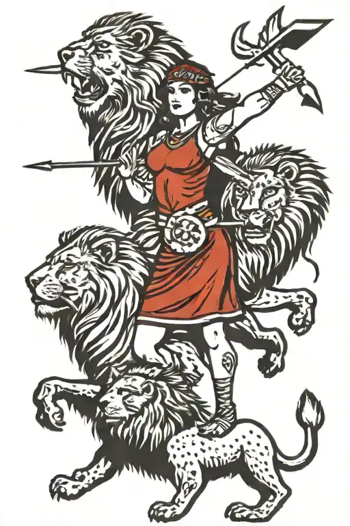 women protecting lion from arrows pointing towards tattoo design idea