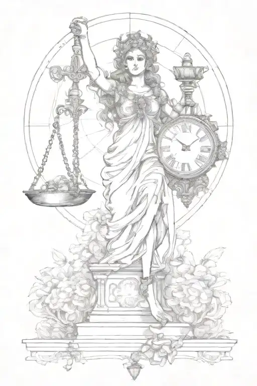 the goddess themis carrying a scale with my son's date of birth 01/10/16 and a clock 7 a.m. tattoo design idea