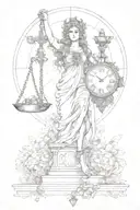 the goddess themis carrying a scale with my son's date of birth 01/10/16 and a clock 7 a.m. tattoo design idea
