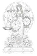 the goddess themis carrying a scale with my son's date of birth 01/10/16 and a clock 7 a.m. tattoo design idea
