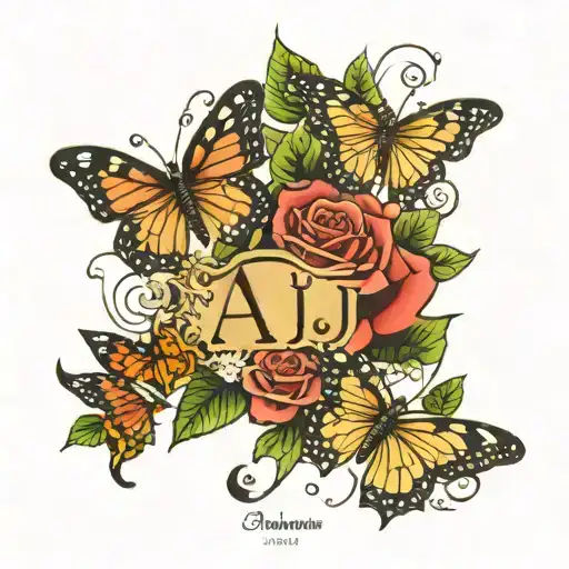 the name AJ with butterflies and roses with the dates 3/16/04-7/4/22 tattoo design idea
